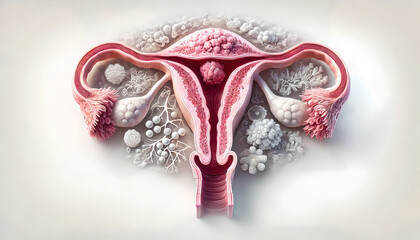 Obraz premium Uterine cancer. cross-section of uterus, layers endometrium, myometrium, cervix. Emphasize cancerous growths, tumors within endometrium, contrasting them with normal tissue. 