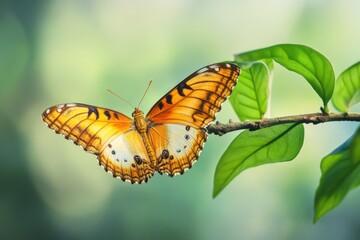 Obraz premium A butterfly sits on the edge of a green leaf, enjoying the warmth