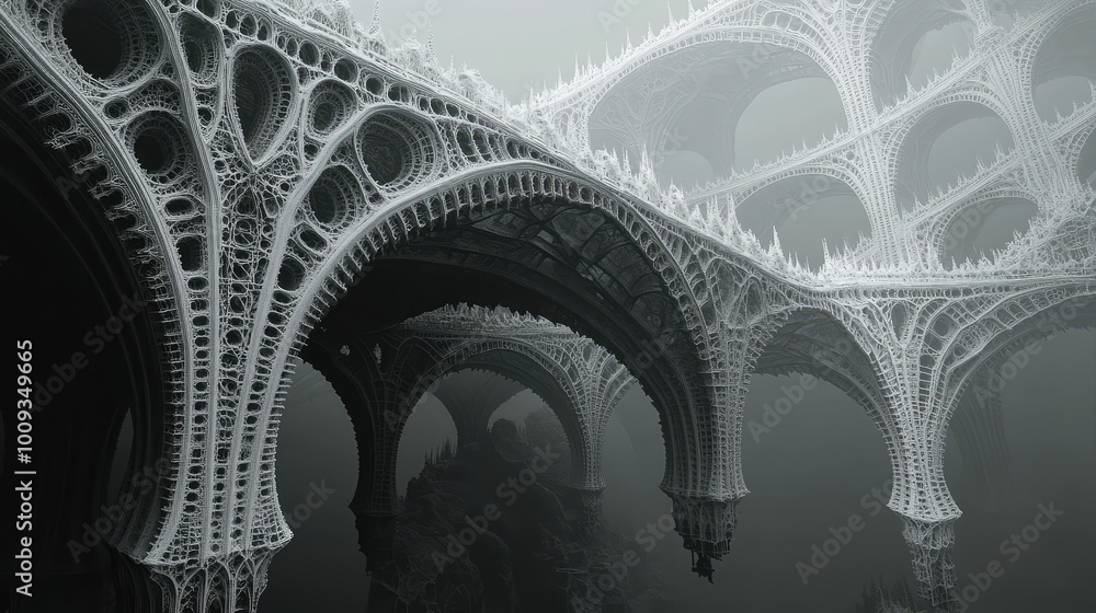 Poster a bottomless abyss is crossed by fractal bridges, their intricate and mathematical designs forming a