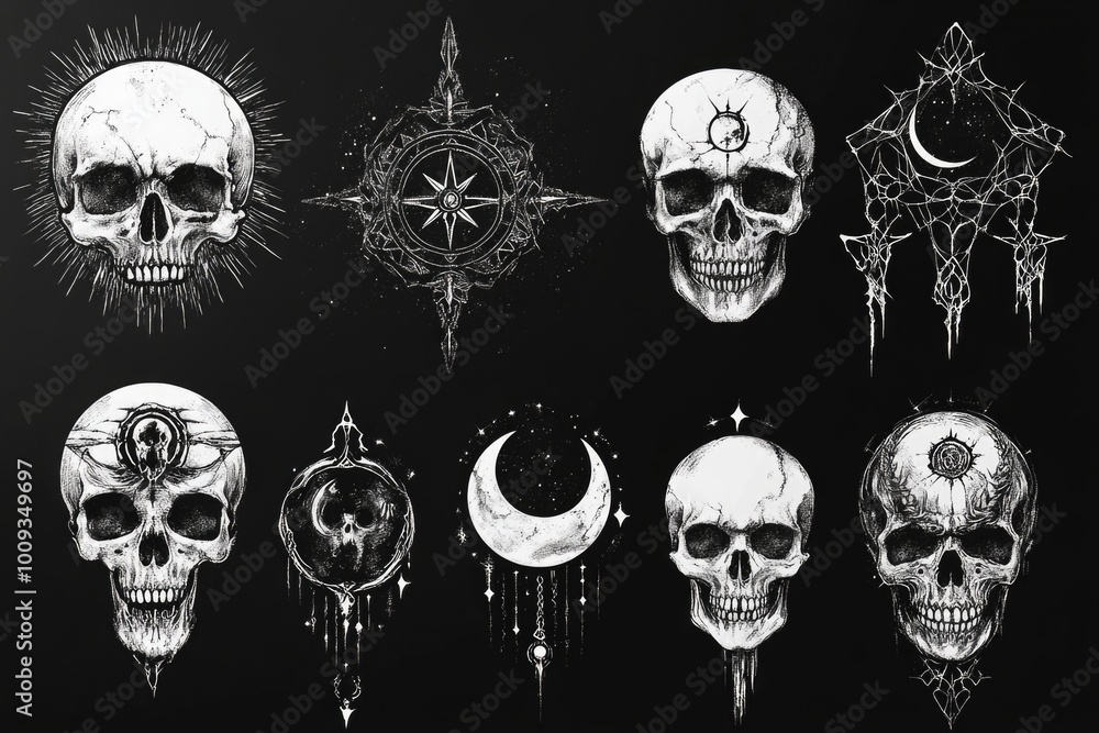 Poster A collection of skulls and stars against a dark backdrop, ideal for use in horror or mystical themed projects