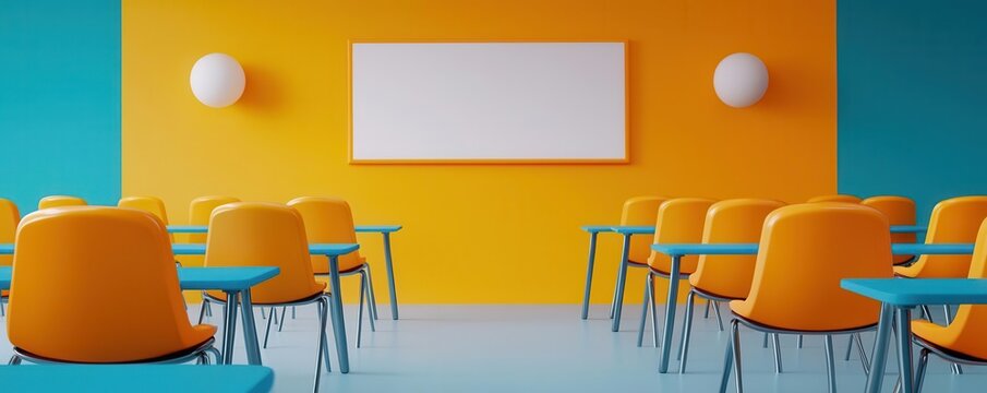 Bright classroom with colorful chairs and empty whiteboard.
