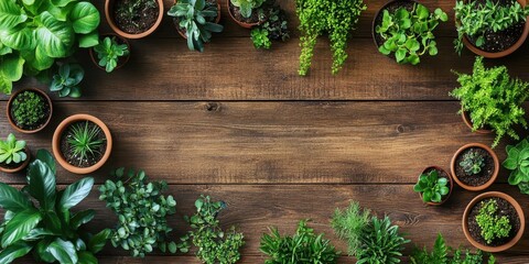 Fototapeta premium A collection of various potted plants arranged on a wooden surface, showcasing greenery.
