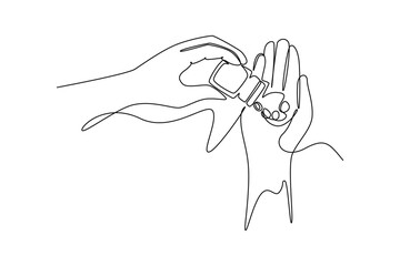 Single one line drawing of patient hand pouring supplement tablet or pill from tube. Medical treatment to cure illness. National pharmacist day. Continuous line draw design graphic vector illustration