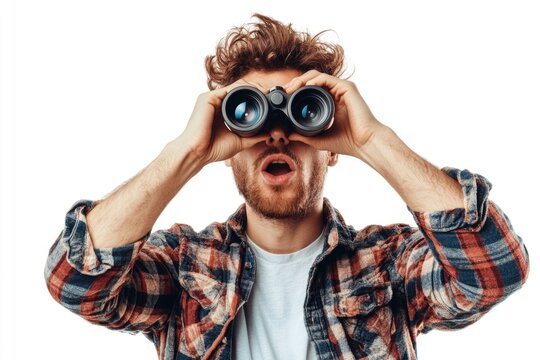 A person using binoculars to observe something, useful for scenes where surveillance or observation is key