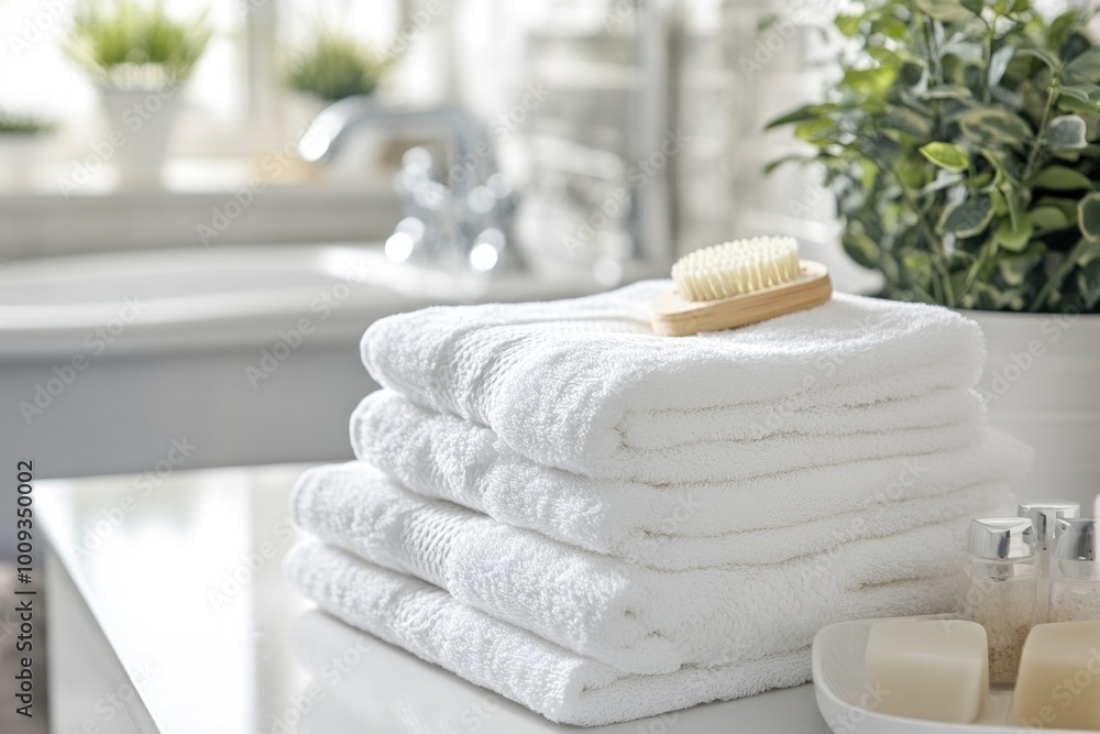 Poster stack of clean white towels on a countertop