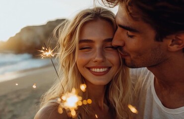 Happy couple at beach holding sparklers, celebrating love, man kissing wife's head