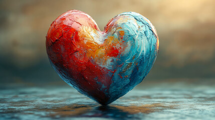 Fototapeta premium A textured heart-shaped sculpture with vibrant red and blue paint, against a muted backdrop