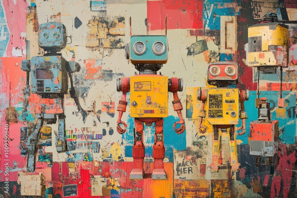 Aufkleber A group of robots standing in front of a wall, ready to perform a task or mission