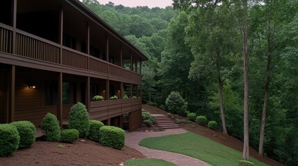 Nestled in a tranquil forest, a wooden house features warm brown tones, a small window, and is enveloped by verdant grass, trees, and bushes.