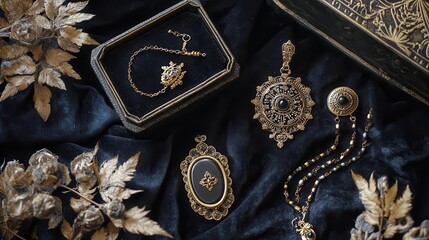A collection of vintage jewelry pieces arranged on a dark fabric backdrop.