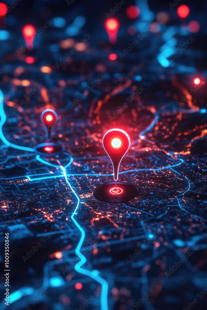 Poster Close-up view of a map with red and blue lights indicating navigation paths