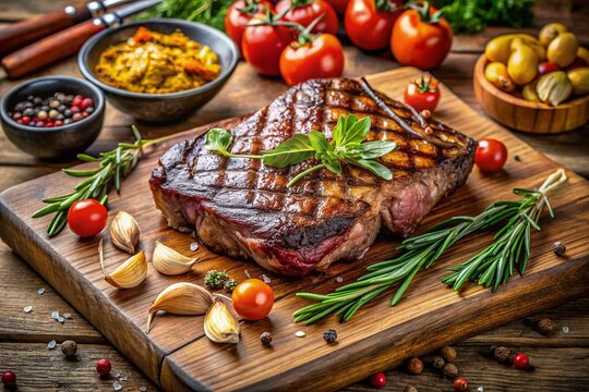 Juicy chuleton steak on a wooden board with herbs, spices, and a side of grilled vegetables