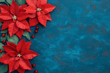 Red poinsettia flowers on a blue textured background, vibrant holiday decor.