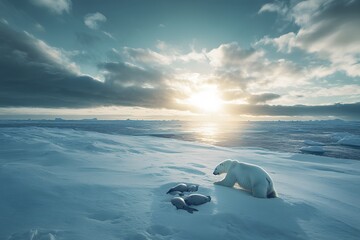 Fototapeta premium A polar bear hunts seals on a snowy Arctic landscape.