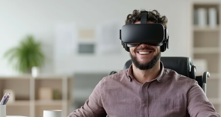 A joyful man in a wheelchair using a VR headset, actively engaged in a virtual meeting, with a coffee cup and notes on the desk beside him.