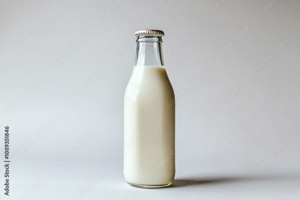 Poster a simple image of a milk bottle sitting on a table, ready for use