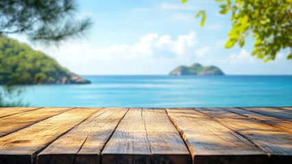 Wooden table overlooking a blue ocean with islands in the distance.
