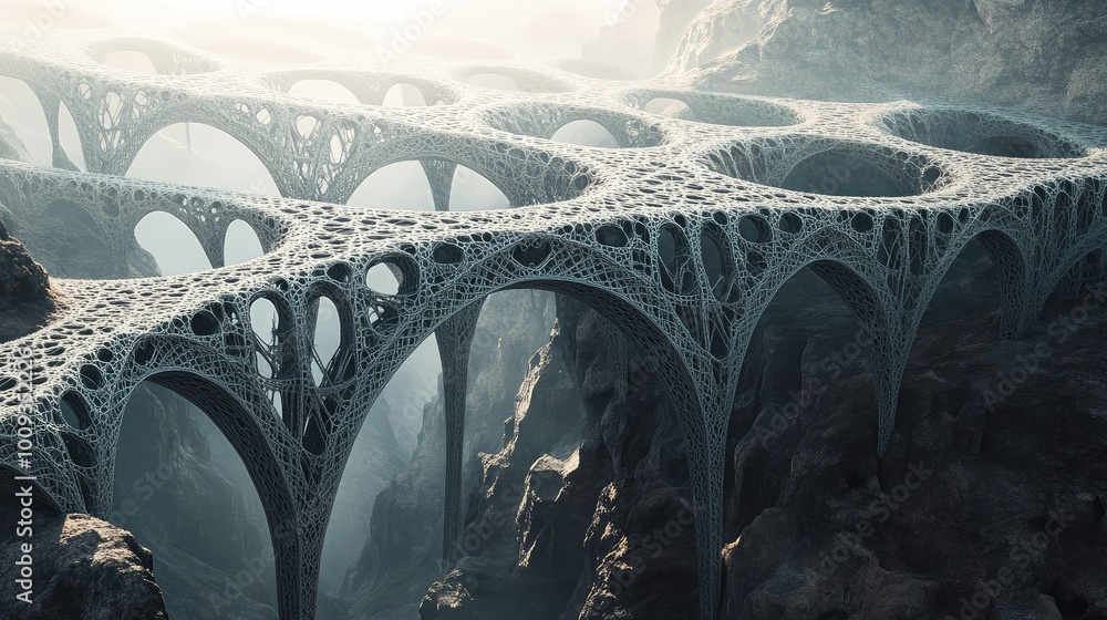 Poster a series of fractal bridges stretch across a bottomless chasm, their endlessly repeating designs for