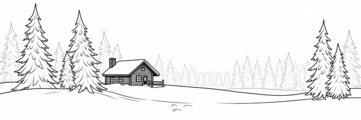 Delightful children's coloring page featuring a cozy cabin surrounded by tall pine trees in a serene winter landscape, perfect for creative art activities.