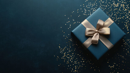 Blue gift box with a gold ribbon and gold confetti on a blue background.