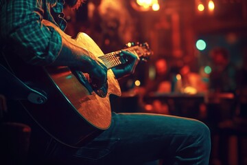 Naklejka premium A person strumming a guitar while seated in a chair