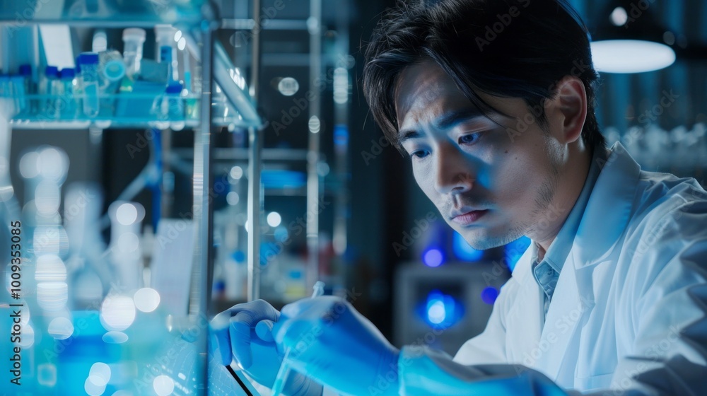 Poster A man in a lab coat is working with a microscope