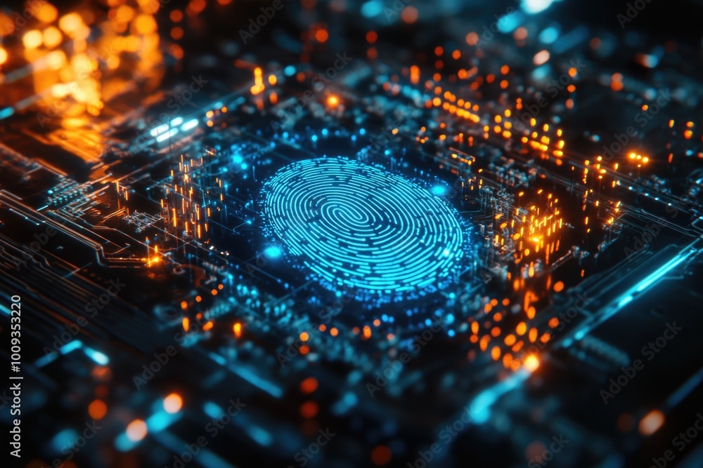 Poster a close-up image of a fingerprint on a circuit board, useful for technology and innovation illustrat