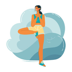 A young woman does yoga standing on one leg. A girl in the pose of a mountain. Vector flat illustration