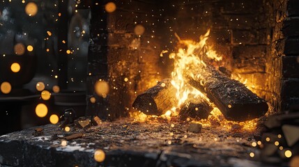 Sparks flying as wood burns in a cozy fireplace, evoking warmth and tranquility in a homely setting.