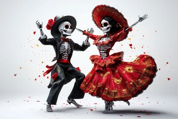 Obraz premium A couple of skeletons dressed in a red dress dance together, a spooky and fun scene