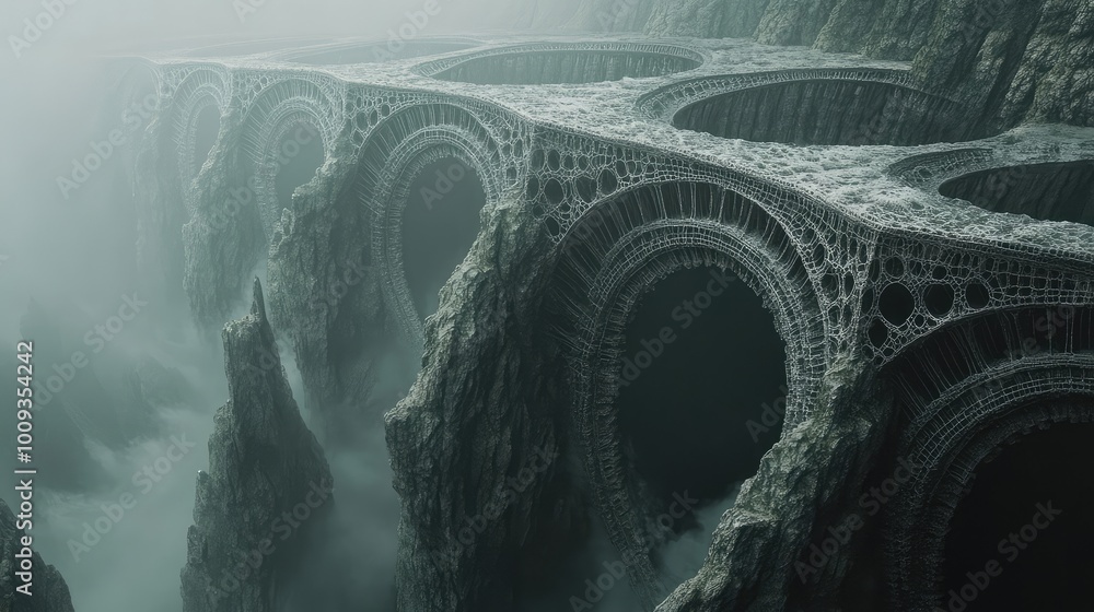Poster a series of mathematically intricate fractal bridges span a bottomless chasm, their designs spiralin