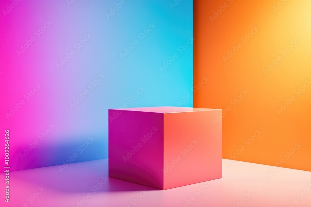 Poster a vibrant cube sits on a table in a well-lit room