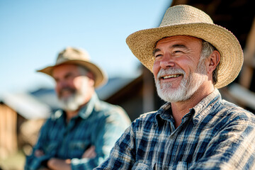 Fototapeta premium Two men wearing hats and plaid shirts are smiling at the camera
