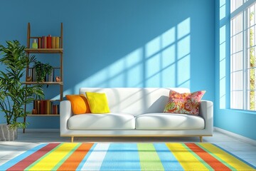  Photo of a stylish living room with blue walls, a white sofa, and colorful pillows near an open rack holding in bright colors, near a wooden floor with a round coffee table, in a real photo style.