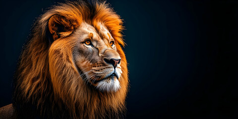 Fototapeta premium A Majestic Lion with a Full Mane Gazes Pensively, Its Golden Eyes Reflecting Wisdom and Power Against a Dark Background.
