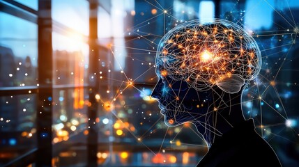 human and technology concept,The Mind's Network: A silhouette of a human head with a glowing brain, showcasing the intricate neural pathways that connect us to the world.