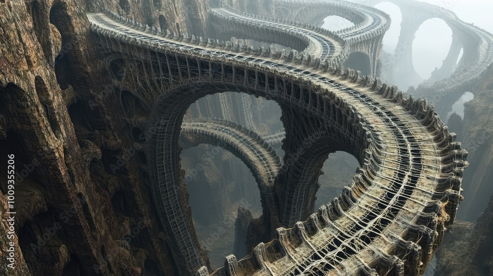 Poster a series of mathematically intricate fractal bridges span a bottomless chasm, their designs spiralin