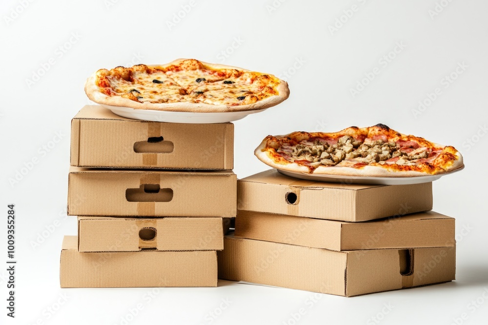 Poster a pizza sitting on top of a stack of boxes, possibly after delivery or pickup