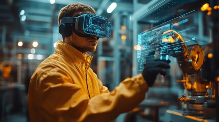 A factory worker in augmented reality goggles, operating a high-tech robotic arm, with a futuristic digital interface overlaying the scene, in a brightly lit, advanced manufacturing environment 