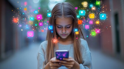 A girl holding her smartphone with social media icons floating above it, representing the use of digital marketing for child safety and protection on online platforms 