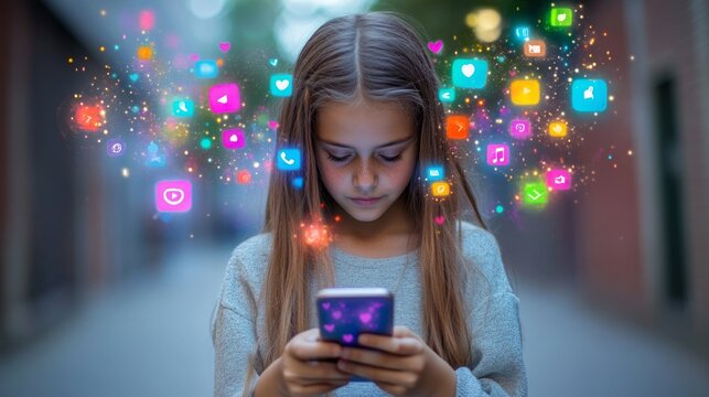 A girl holding her smartphone with social media icons floating above it, representing the use of digital marketing for child safety and protection on online platforms 