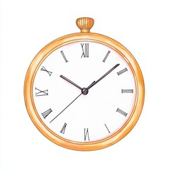 Vintage pocket watch illustration with Roman numerals on a white background.
