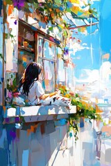 Obraz premium A serene scene of a girl sitting by a window with a cat, surrounded by vibrant flowers and blue sky.