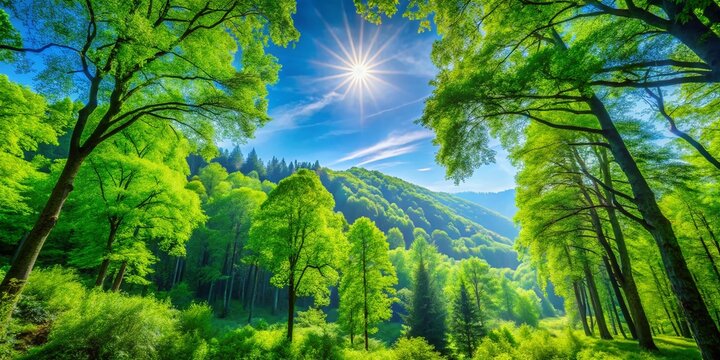 Lush Green Firry Landscape with Majestic Trees Under a Clear Blue Sky in a Serene Natural Setting