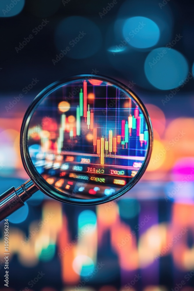 Poster a magnifying glass used for analyzing financial data, set against a background of a stock market cha