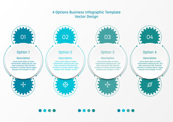 4 options business infographic template, theme of circle frame with gear shape at the top and bottom, also with circular line