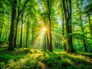 Fototapeta premium Lush Green Forest Landscape with Sunlight Filtering Through Leaves Creating a Serene Atmosphere