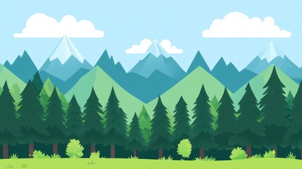 A cartoon illustration of a green forest in the foreground, with mountains and clouds in the background.