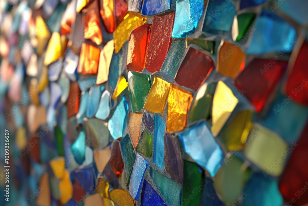 Poster close-up shot of a colorful mosaic glass wall with intricate designs and patterns