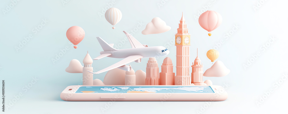 Poster realistic 3d elements of a plane soaring out of a phone screen, with maps and european landmarks lik